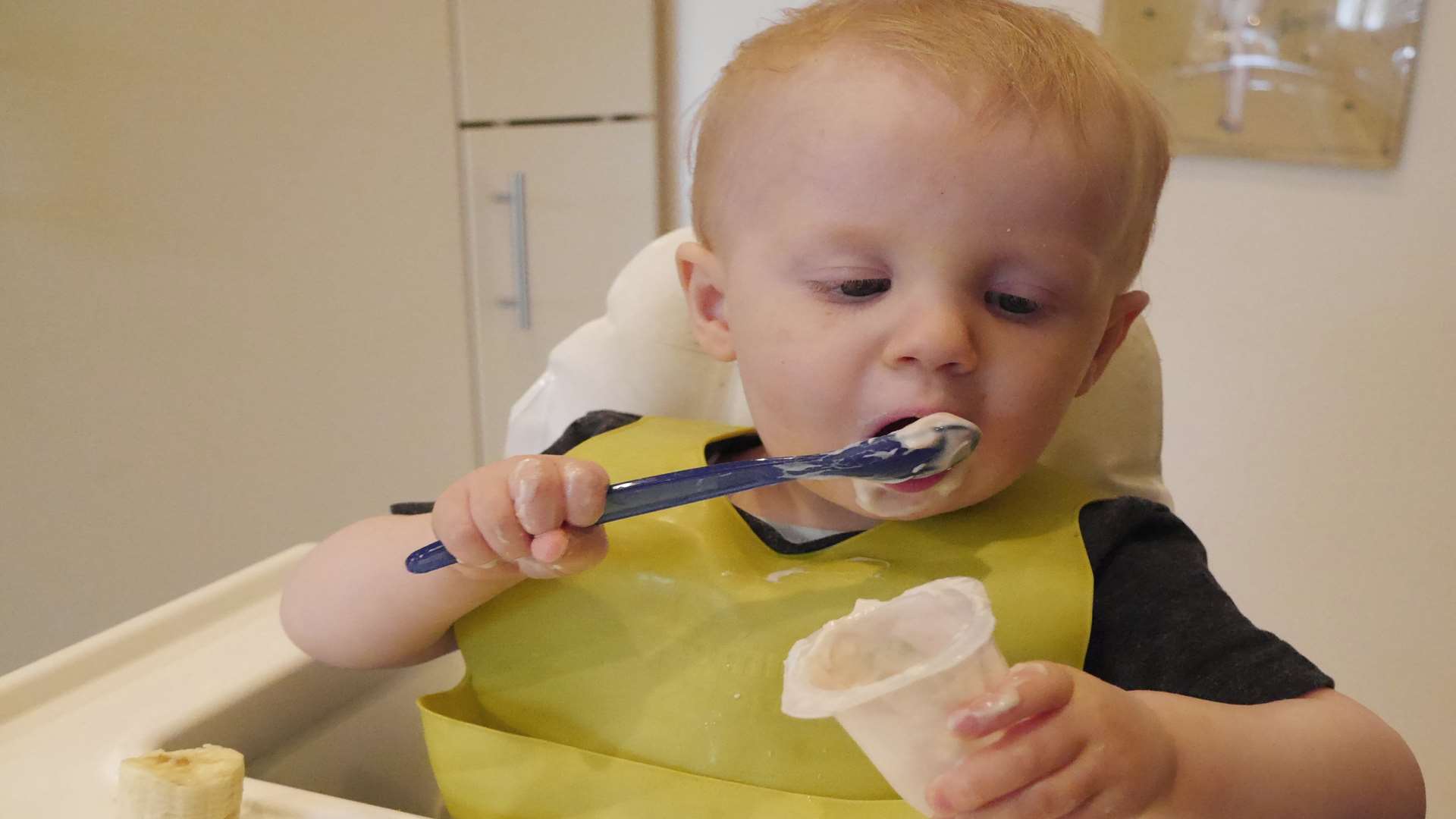 Noah now insists on feeding himself with his yoghurt – so far so good