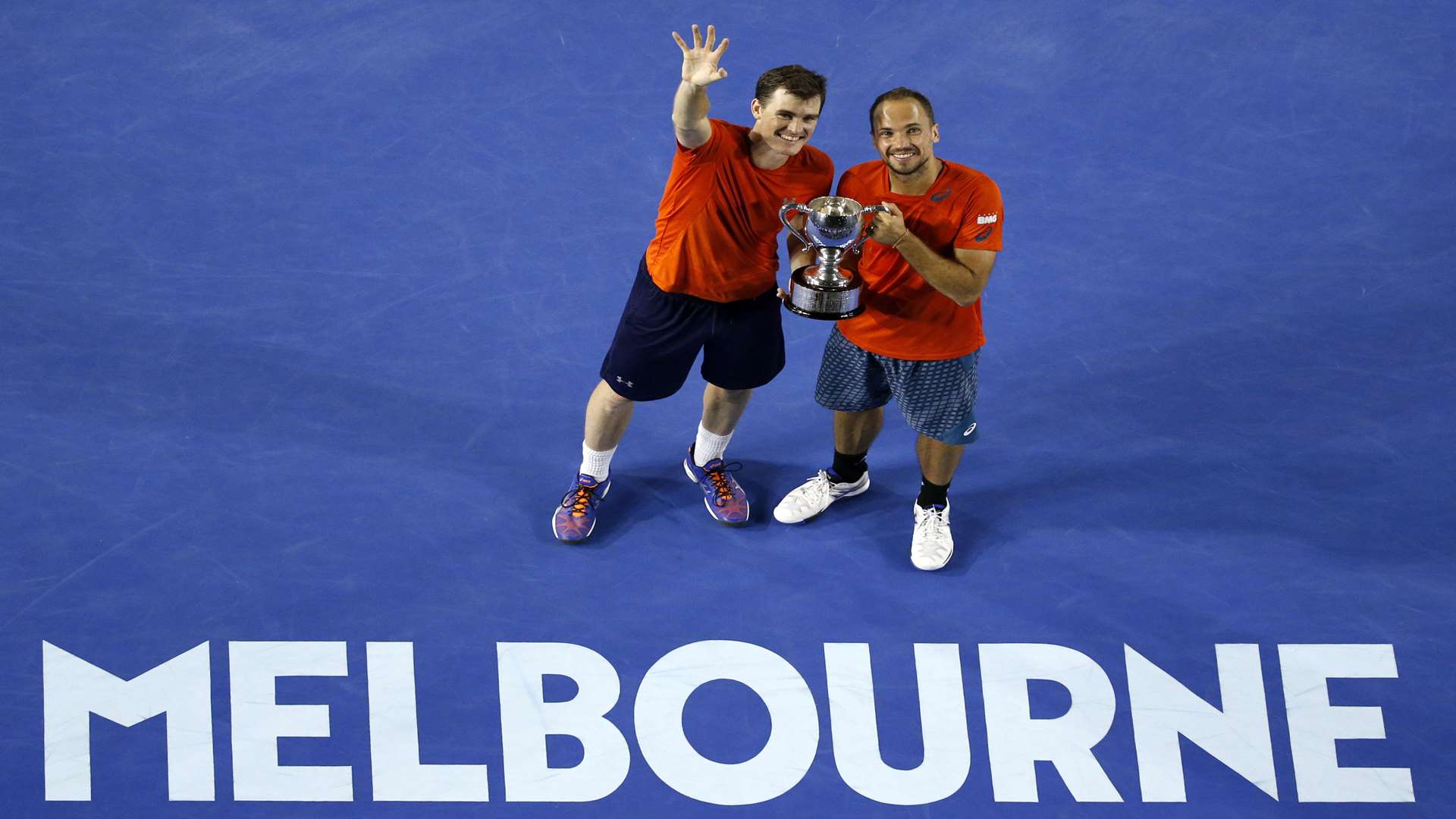 Jamie Murray, left, with partner Bruno Soares after winning the men's doubles at the Australian Open