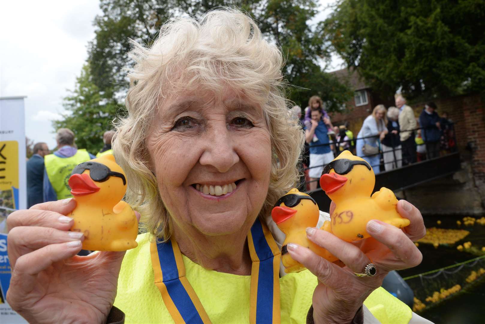Rotay President Dr margaret Griffin with the three winning ducks after the annual Rotary Club of Canterbury 'Duck Race' on Saturday. Picture: Chris Davey. (15224342)