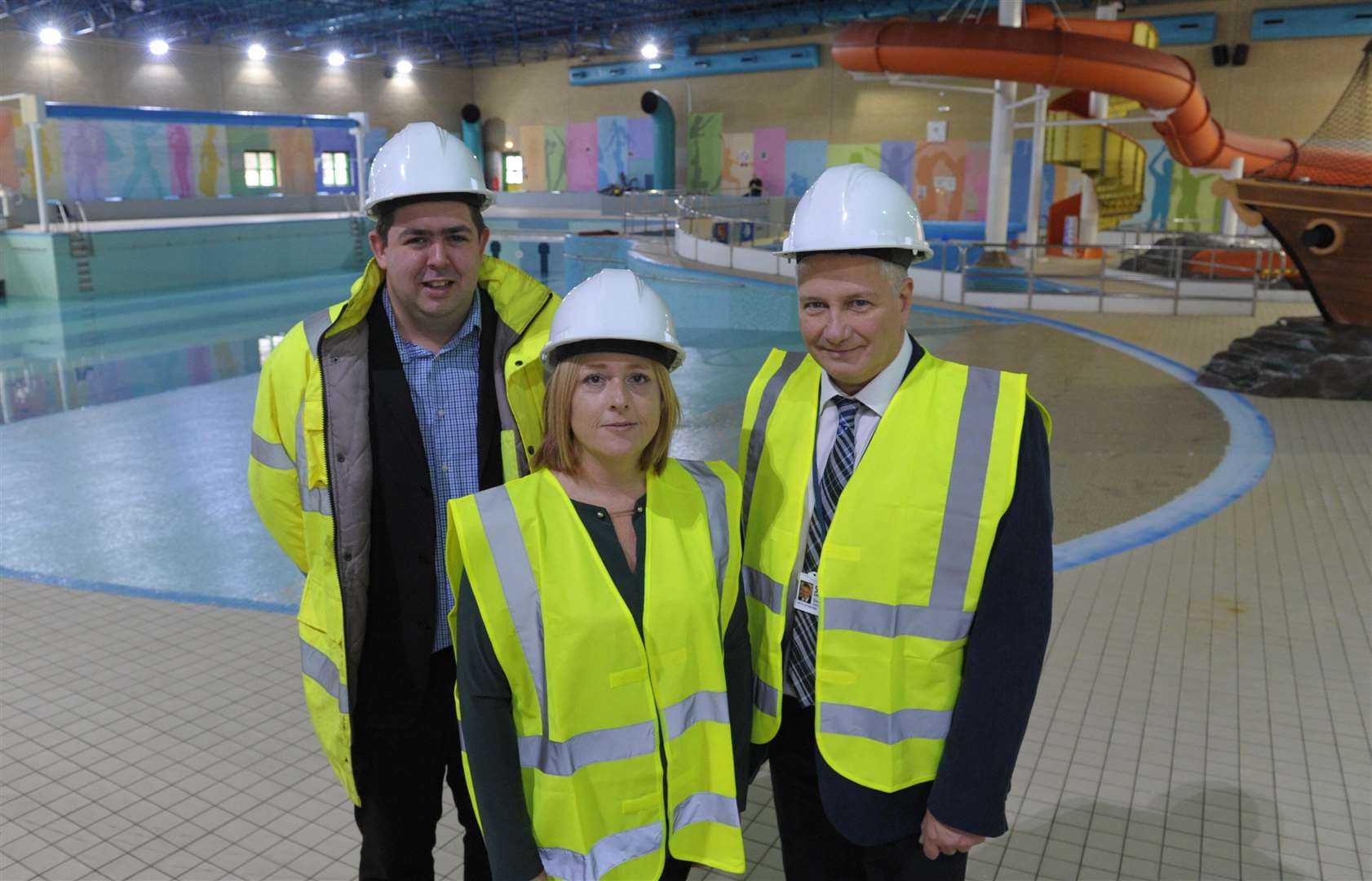 Craig King, Cllr Sarah Aldridge and Dave Harcourt ahead of work starting on the pool area.