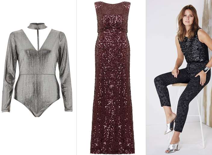 Silver Metallic Choker Plunge Bodysuit from River Island; No. 1 Jenny Packham Dark Red Sequin Glitter Maxi Dress from Debenhams; Gayle Asymmetric Sequin Blouse and Erica Metallic Jacquard Trousers from Phase Eight