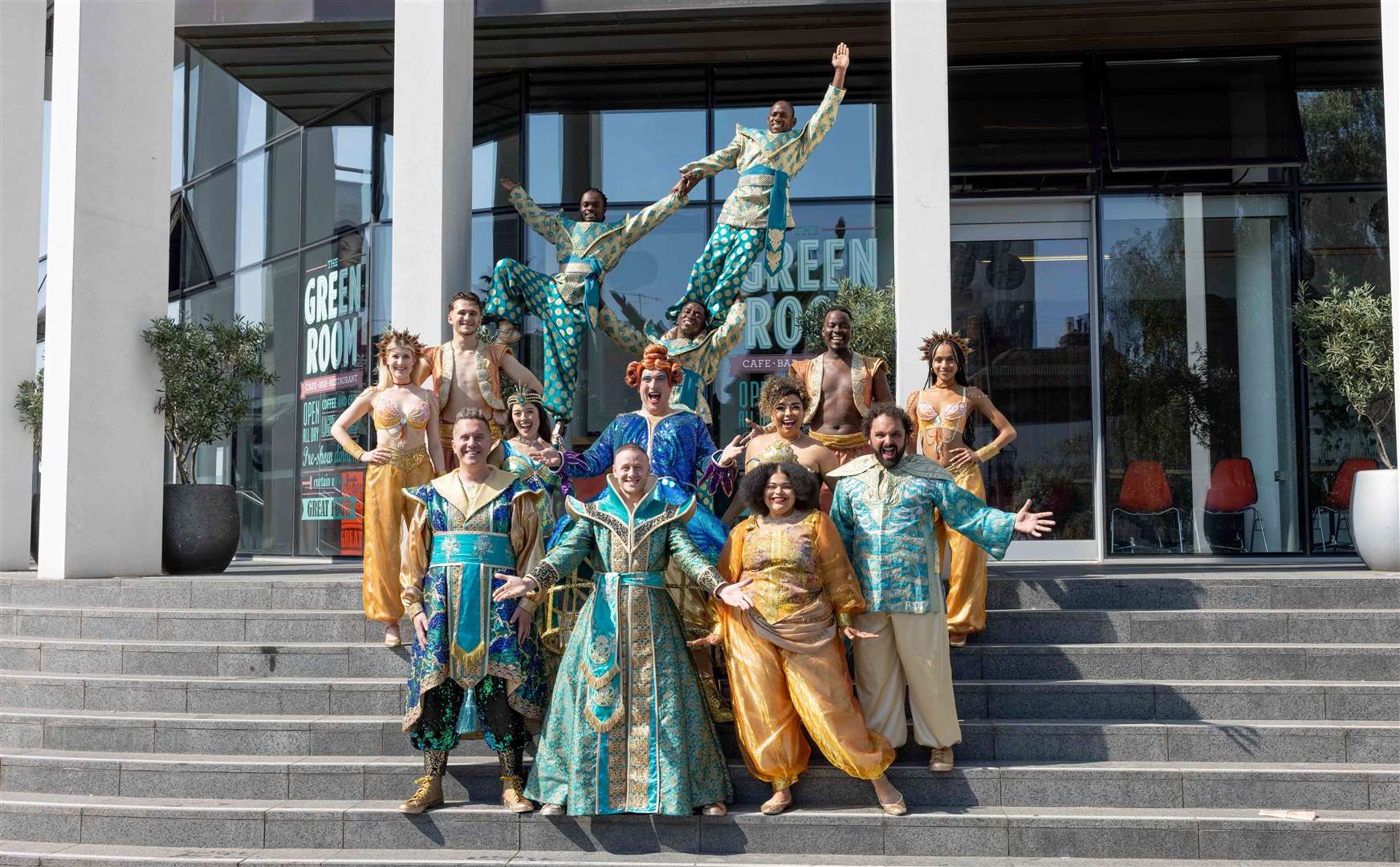 The cast of this year's Marlowe Theatre panto, Aladdin, including former Strictly star Kevin Clifton, posing outside the theatre. Picture: David Oxberry