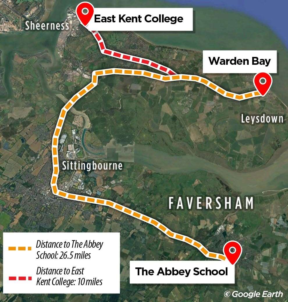The route from Warden Bay to The Abbey School in Faversham and East Kent College in Sheerness. Picture: KMG
