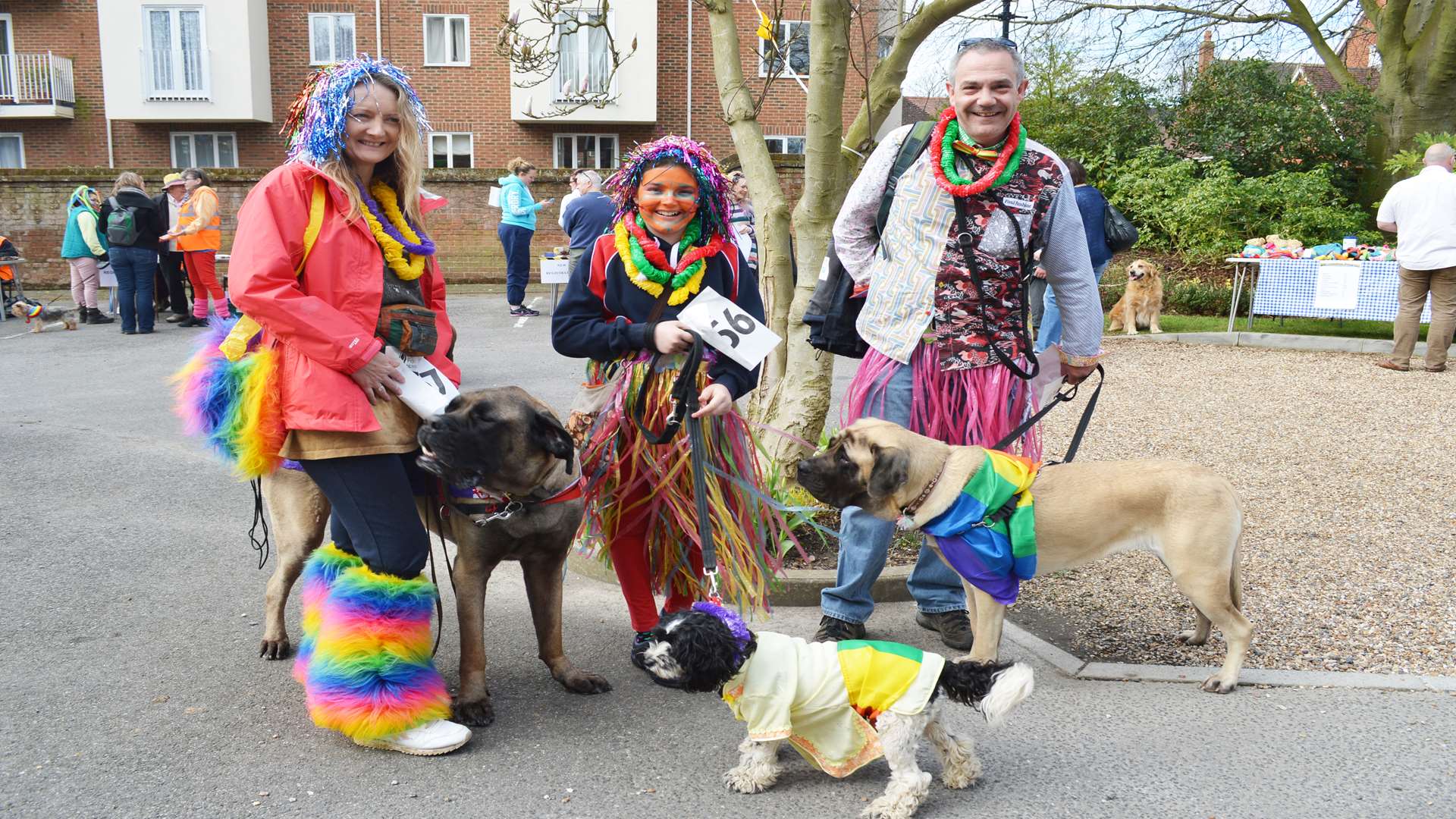 Tracey Carby, Kirsten Williams, James Rutty with dogs Brian, Maggie and Geanie from Hoath taking part in the Rainbow Ride and Stride in 2014