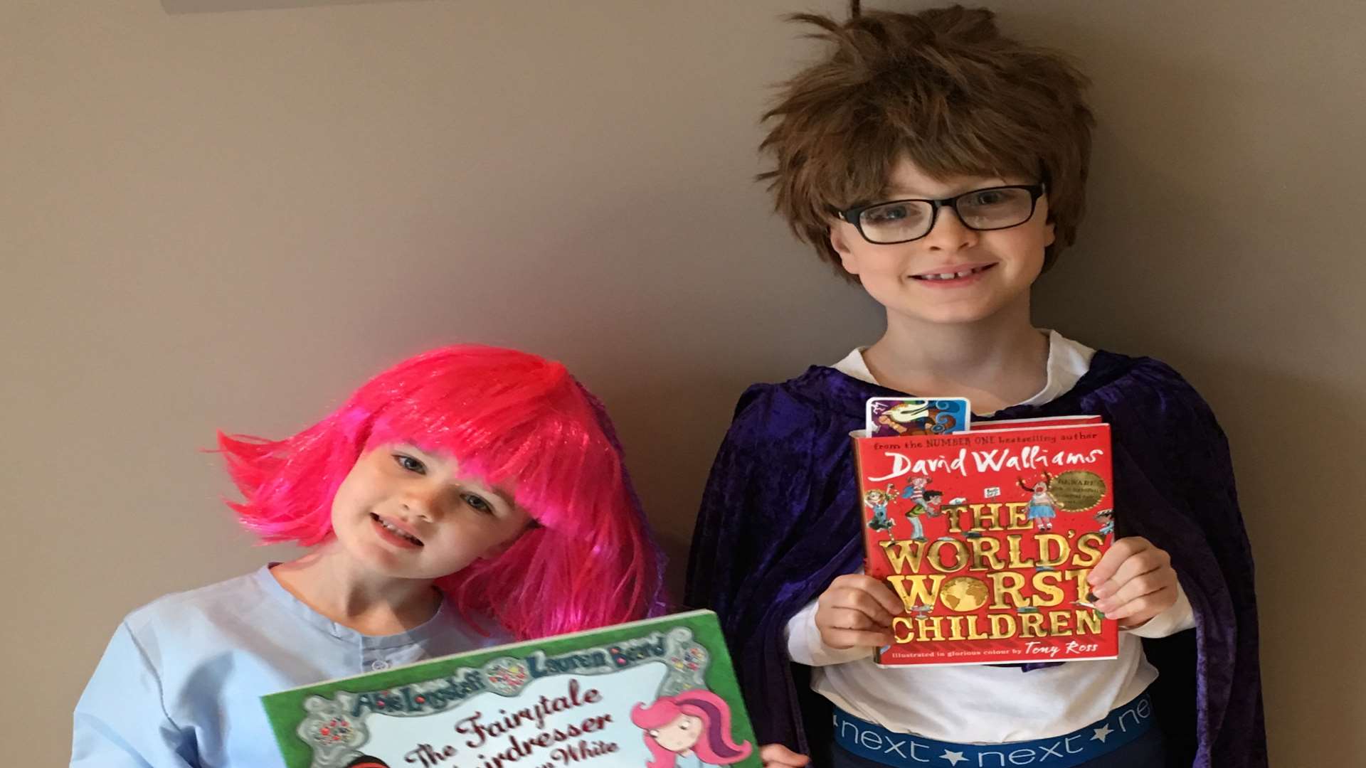 Oliver is Nigel Nit Boy (David Walliams worlds worst children) aged 7 and Lucy is Kitty Lacey the fairytale hairdresser aged 5! From Maidstone