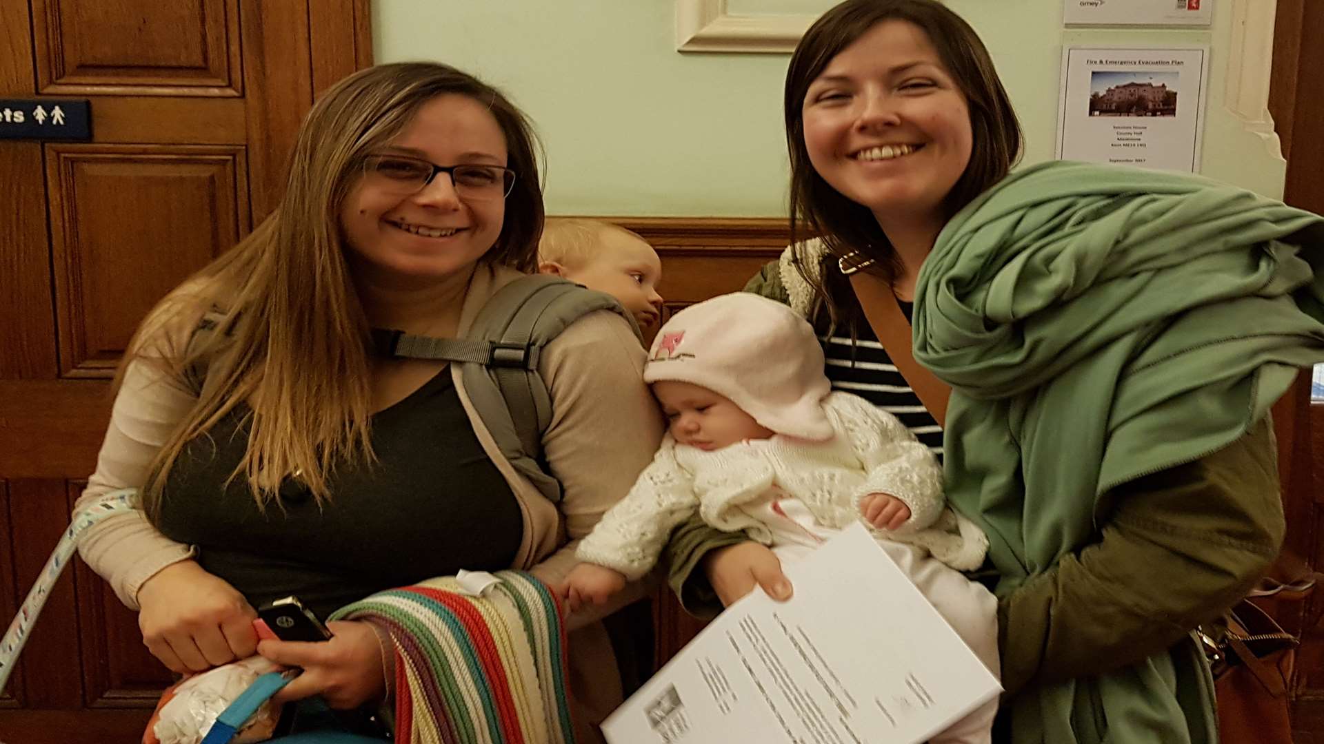 Natasha Woodthorpe, 26, with Charlie, 23 months, on her back with Laura Mockford and Juliet, 16 weeks