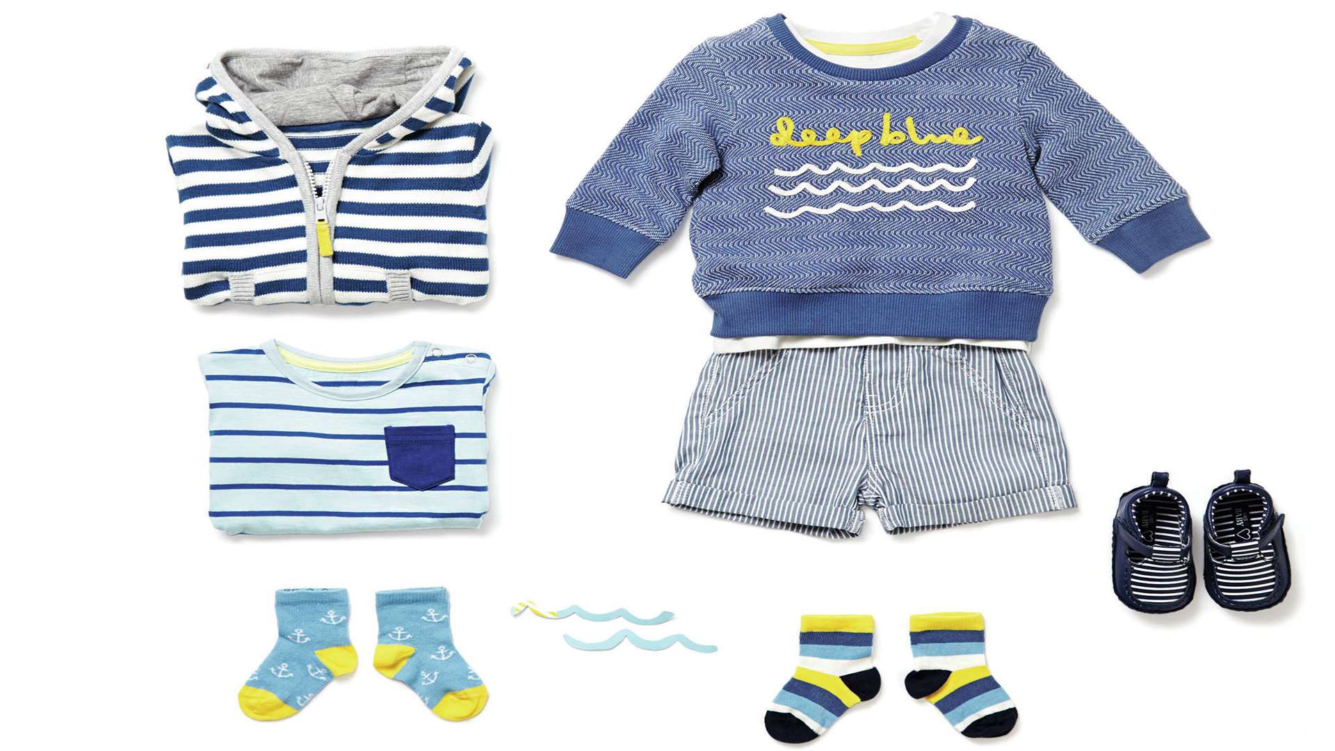 Stripe hoody £10, three-pack T-shirt £12, anchor socks £5, graphic sweat £9, woven set £20 and stripe sock four-pack £5. All M&S