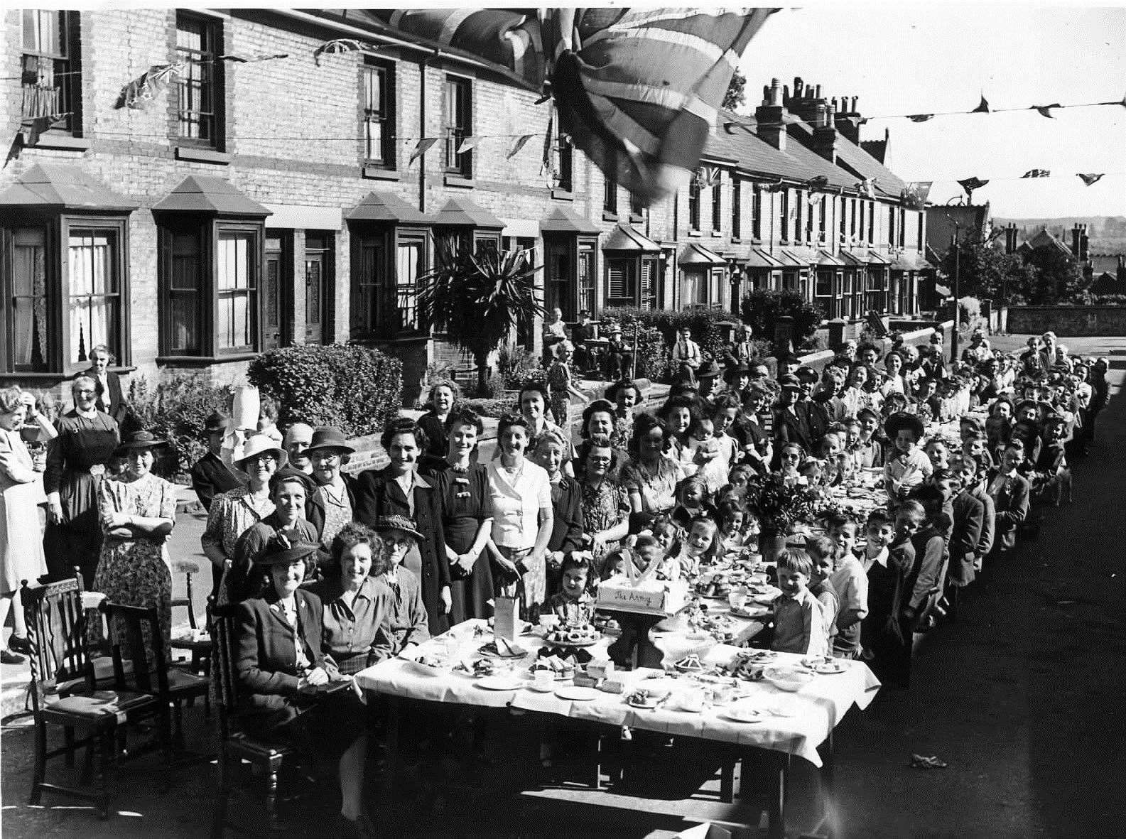 A street party in Victoria Street, Maidstone, in 1945 to celebrate VE Day