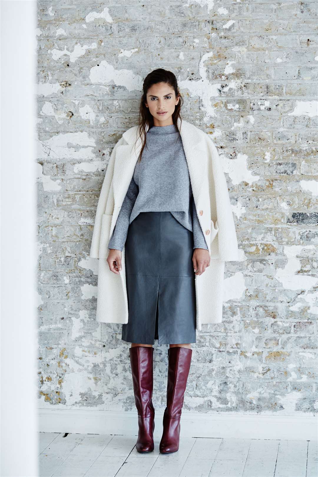 Tu crombie coat, £50; Knit top, £25; Leather pencil skirt, £50; Long leather boots, £80. all from Sainsbury's and in store from November 9