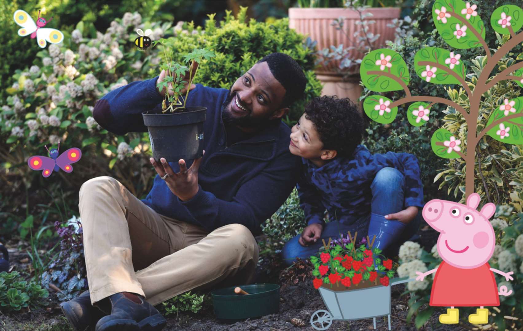 JB Gill, with son Ace, is encouraging more families to take up gardening with their children in half term