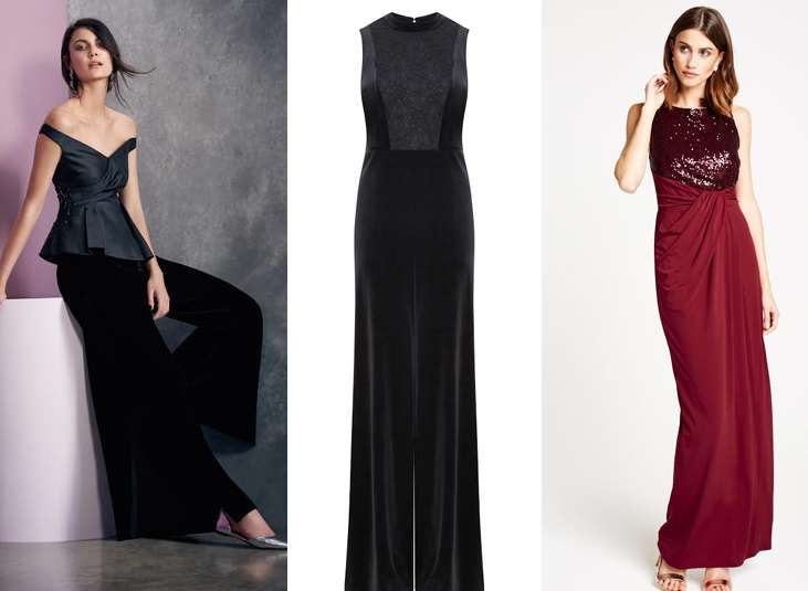 From left, Evanna Embellished Top, Jackie Wide Leg Velvet Trousers and Leonora Statement Earrings from Coast; Velvet Culotte Sleeveless Jumpsuit from M&S; Ruched Cross-Back Sequin Burgundy Maxi Dress from littleblackdress.co.uk