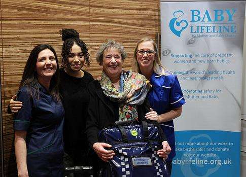 Lisa Price and Michelle Keeler from Medway NHS Trust with Call the Midwife actresses Leonie Elliott and Linda Bassett