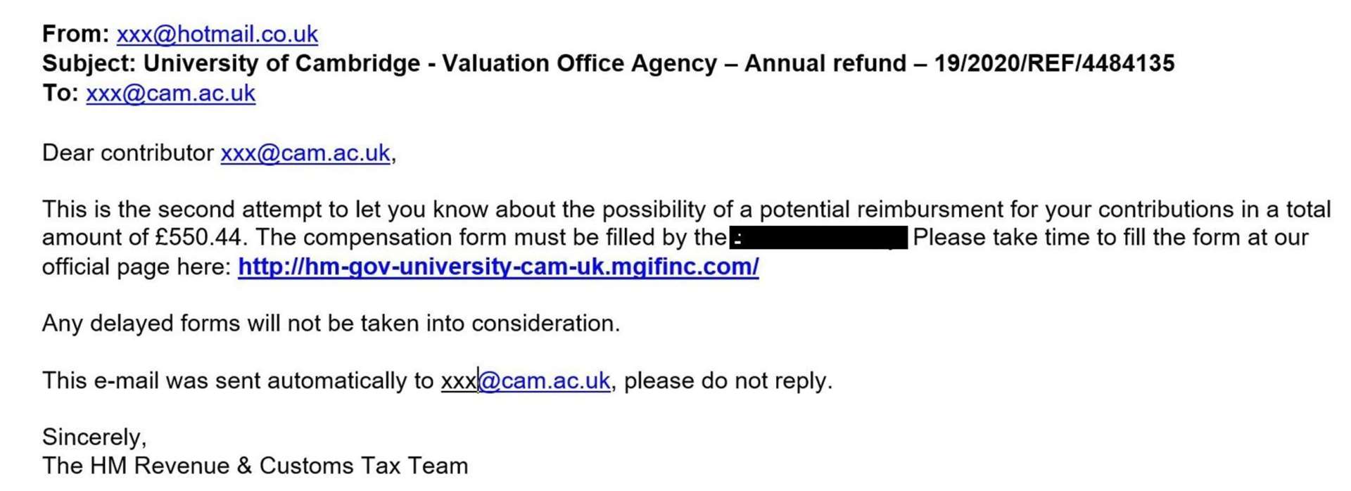 HMRC has shared an example of the type of scam a student may receive