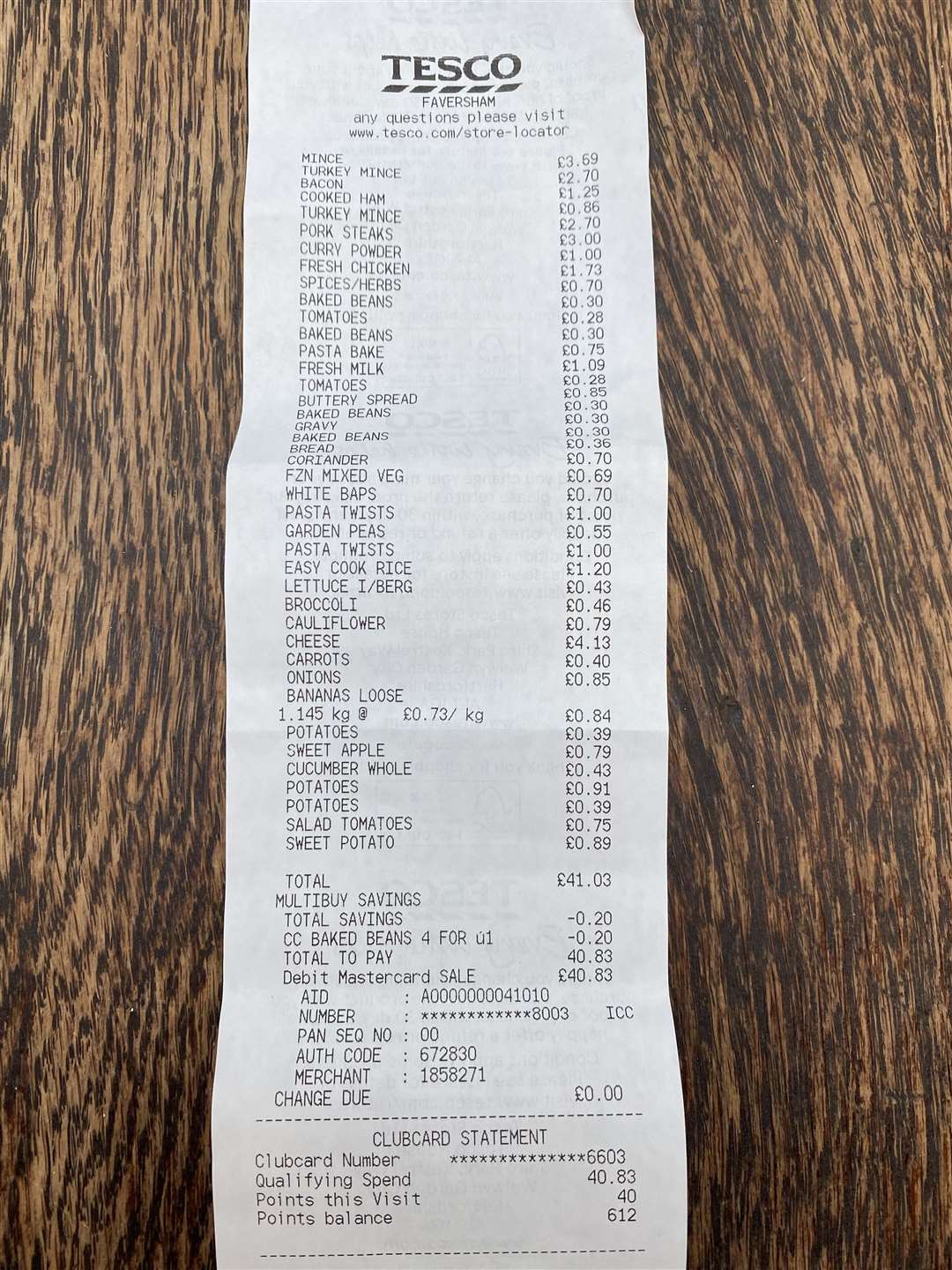 The receipt from my Tesco food shop