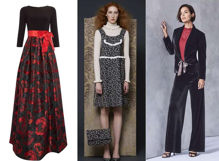 Eliza J Long Sleeve Ballgown with Jersey Top from House of Fraser; L'Orla Pinafore Dress, £290; Velour Soft Jacket,Velour Wide Leg Trousers and Red Top from JD Williams