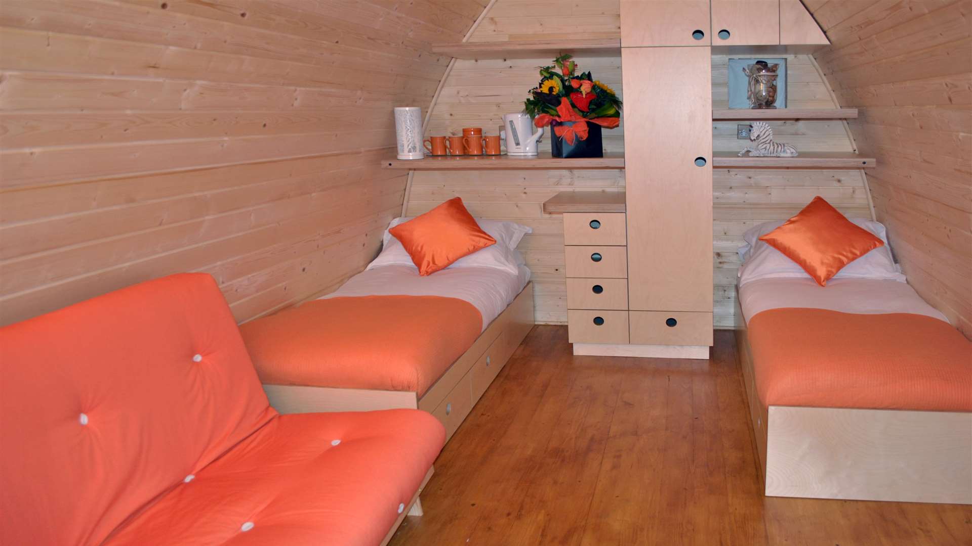 Inside one of the amazing Pinewood camping pods