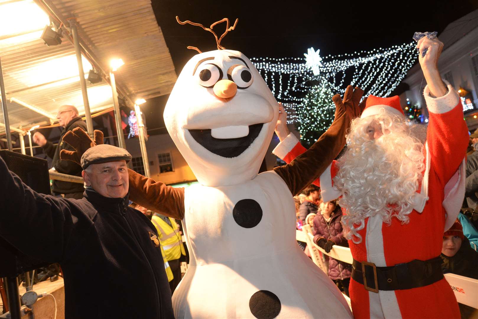 Steve Sherlock with Olaf and Father Christmas at Faversham's Christmas lights switch-on last year.