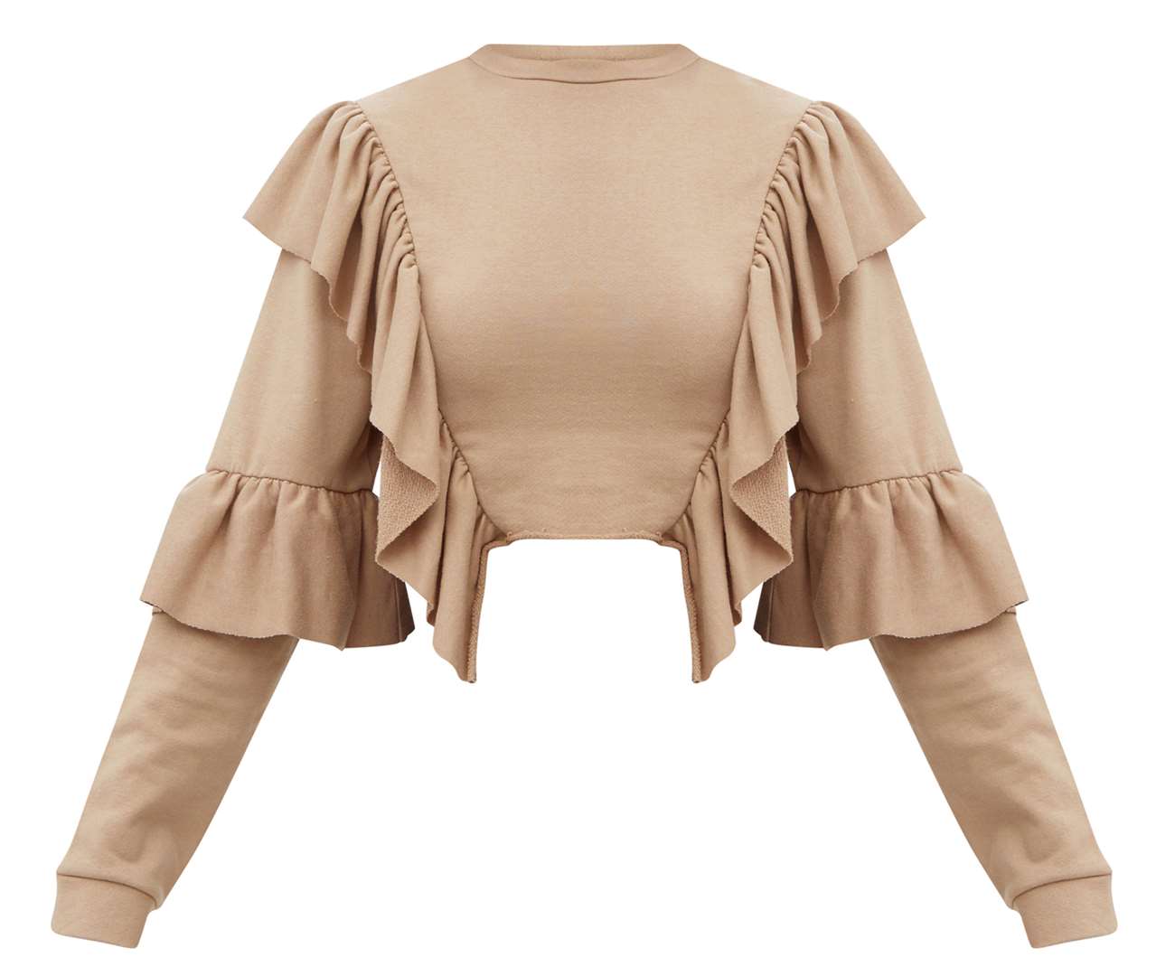Taupe Ruffle Frill Crop Sweater, £18, available from PrettyLittleThing.com