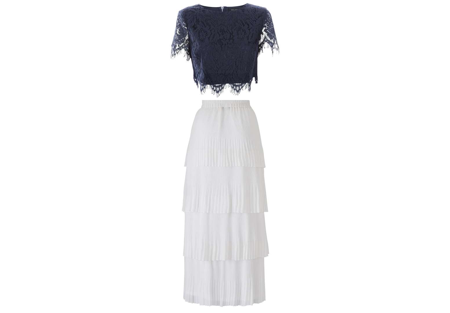 2. A MAXI SKIRT New Look Navy Lace Crop Top, £19.99; JD Williams Tiered Pleated Maxi Skirt, £45
