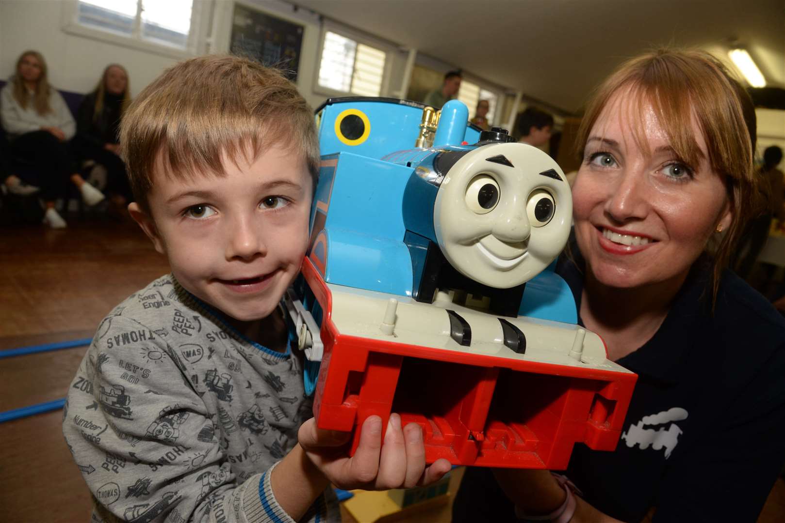 Lucas, six and mum Laura Wood with Thomas the Tank Engine at the Trainmaster Kent session in Medway