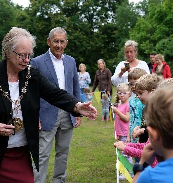 Mayor Cllr Lyn Milner and Cllr Bob Lane meet youngsters at the opening of the new Shorne Playpark. Picture: Bob Lane