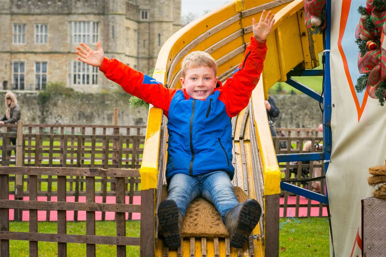 Arthur Winter, 8, on the helter skelter at the Leeds Castle Christmas market