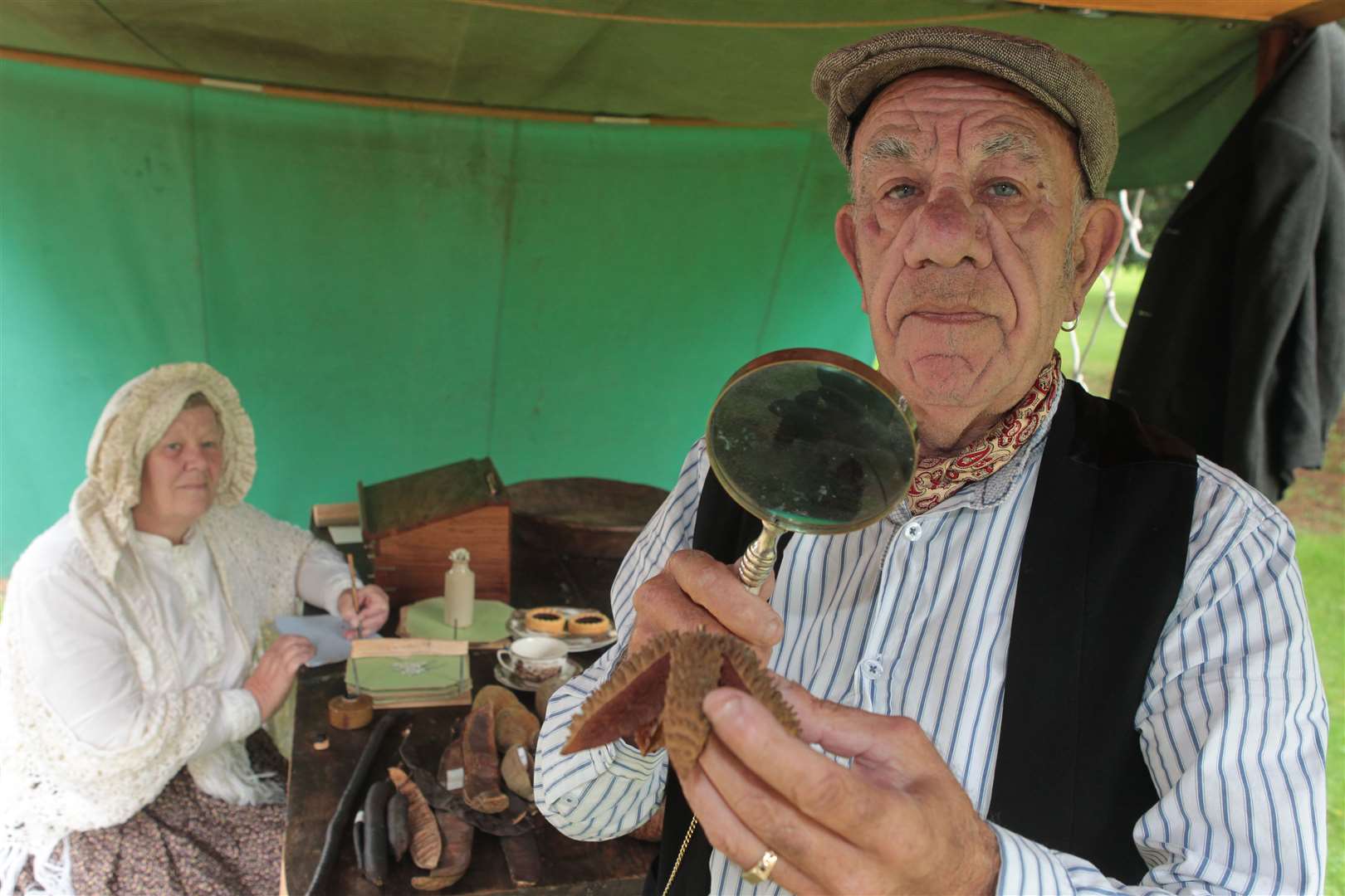 Carol Wilkes with her husband Alan reenacting a scene from 1830 in Fort Vancouver where they are noting down exotic vegetation, during A Plant Hunters Weekend in 2018