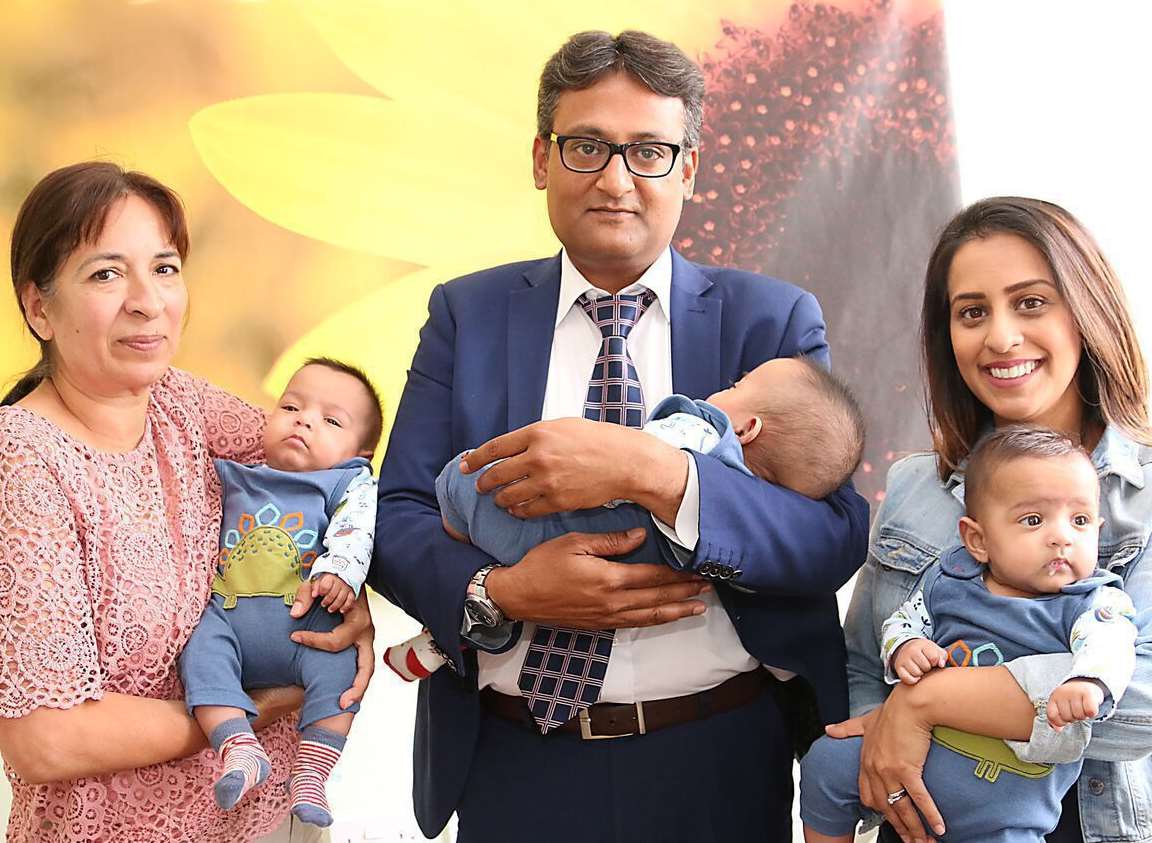 Grandmother Jaspal Dusanj with baby Rocco, Prof Ranjit Akolekar with baby Roman and Navjot with baby Reece