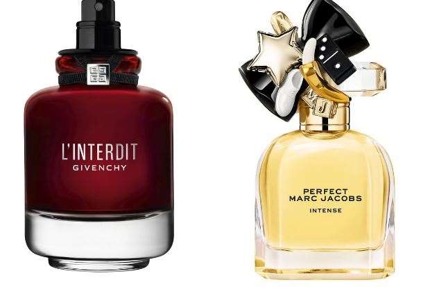 Two heaven scent ideas for that special someone. Givenchy Interdit Rouge eau de parfum, £53.50 for 35ml, the Perfume Shop. Plus, Marc Jacobs Perfect Intense eau de parfum spray, £85 for 50ml, House of Fraser.