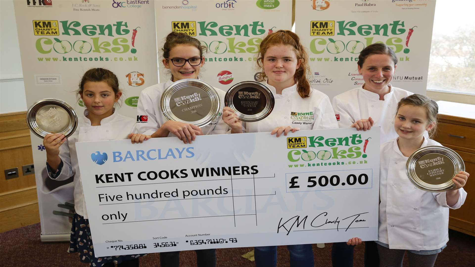 Last year's Kent Cooks winners with their prize cheque. from left, Isobella McAuley, Olivia Lowe, Casey Warren, Stephanie and Lucy Corlett.