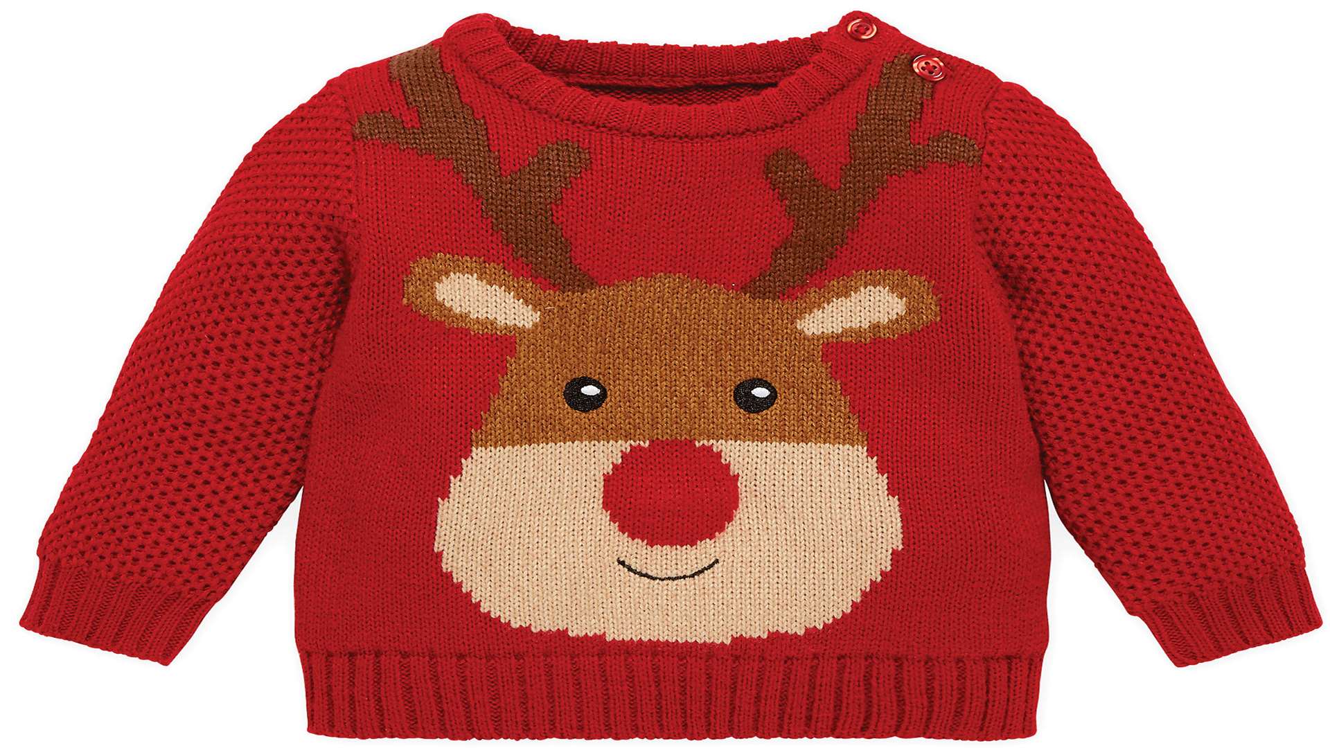Christmas reindeer jumper: Made from a super-soft, stretchy fabric, this jumper features a large reindeer with a red nose which flashes when pushed. Available in sizes from 18 months to three years. From £12, www.mothercare.com