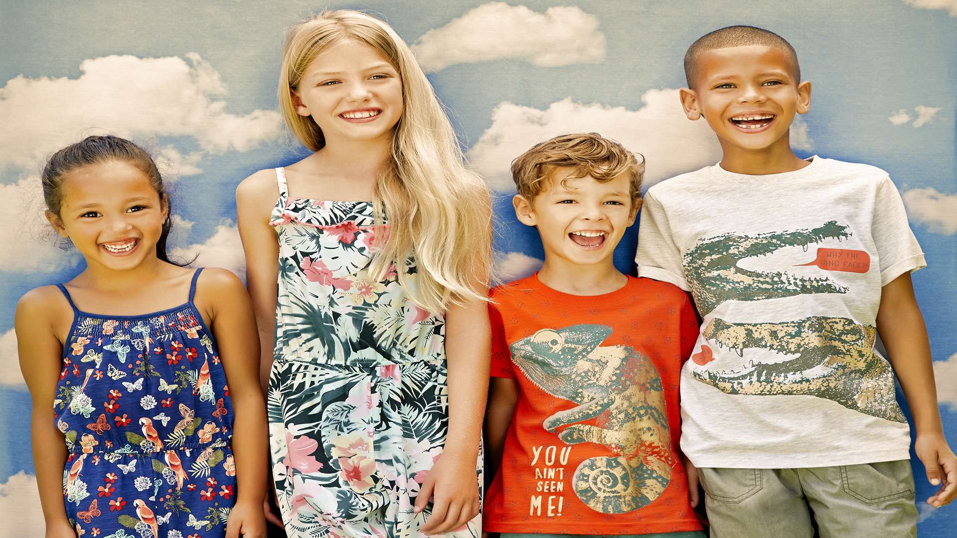 From left, parrot print jumpsuit from £12, tropical print jumpsuit from £12, chameleon print T-shirt from £8 and crocodile print T-shirt from £8. All from M&Co.