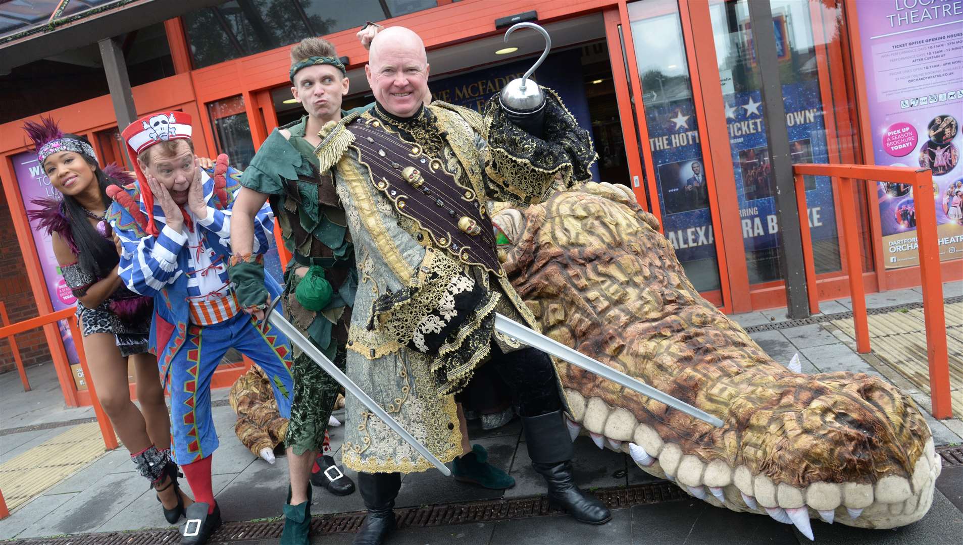 Keisha Marina Atwell as Tiger Lily, Andy Ford as Smee, Joe Sleight as Peter Pan and Steve McFadden as Captain Hook from the cast of Peter Pan at the Orchard Theatre, Dartford. Picture:Chris Davey