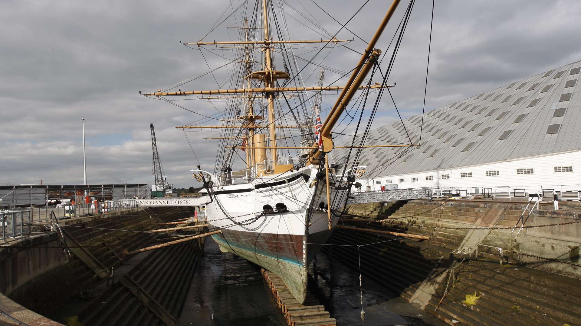 Historic Dockyard, Chatham. The water has been drained from the basin where HMS Gannet is tied up. Picture: Peter Still