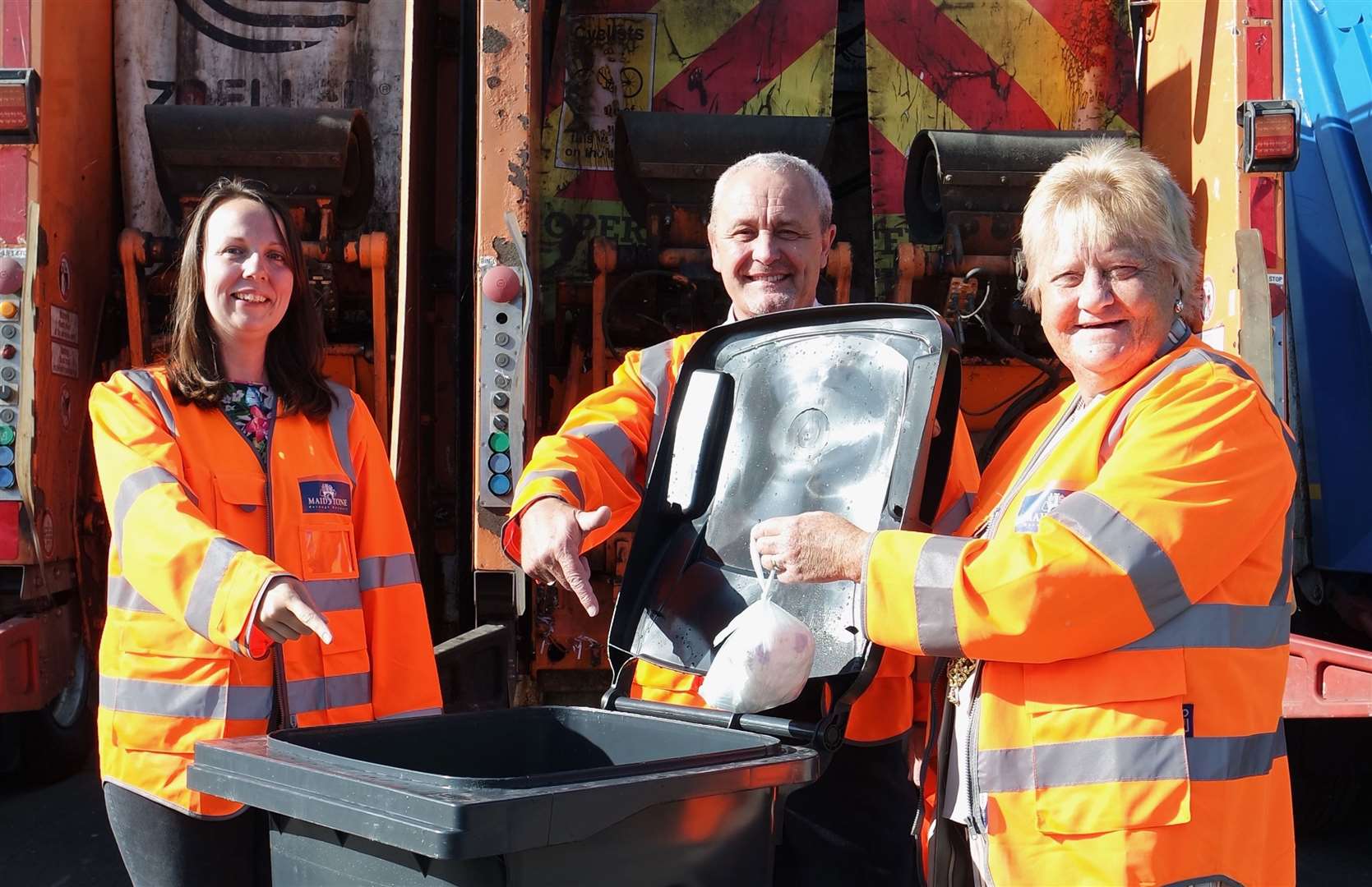 Elizabeth Duncan, MBC Waste Strategy Officer; Graham Gosden, MBC Waste Manager and Marion Ring, Mayor of Maidstone launching the Bin The Nappy campaign at the Maidstone Borough Council waste depot