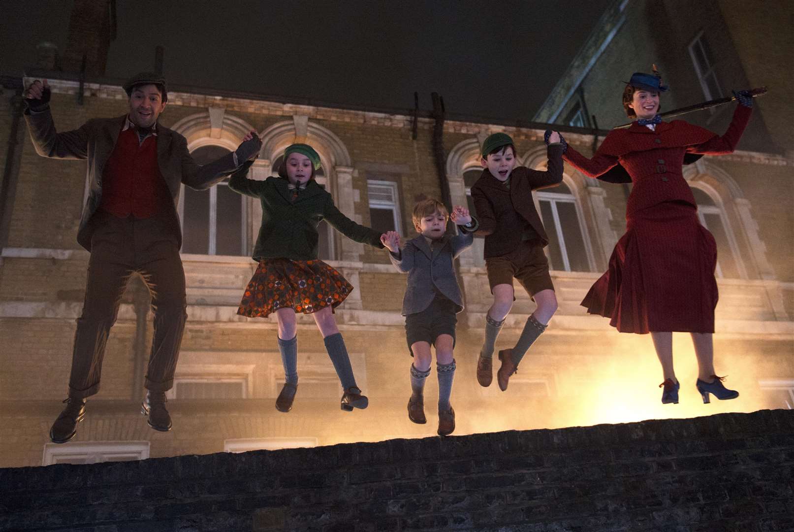 Jack (lin-Manuel Miranda), Annabel (Pixie Davies), Georgie (Joel Dawson), John (Nathanael Saleh) and Mary Poppins (Emily Blunt) in Disney's original musical Mary Poppins Returns