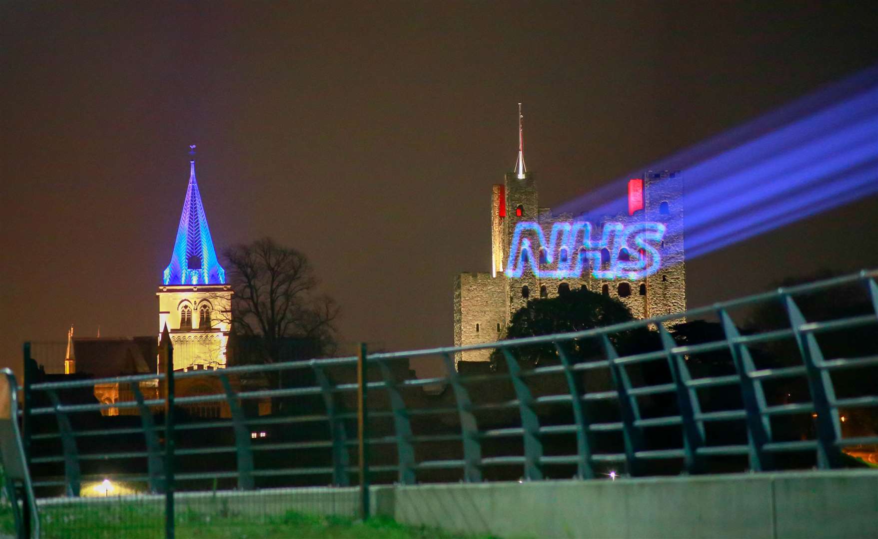 The NHS logo is also beamed onto the side of Rochester Catherdral