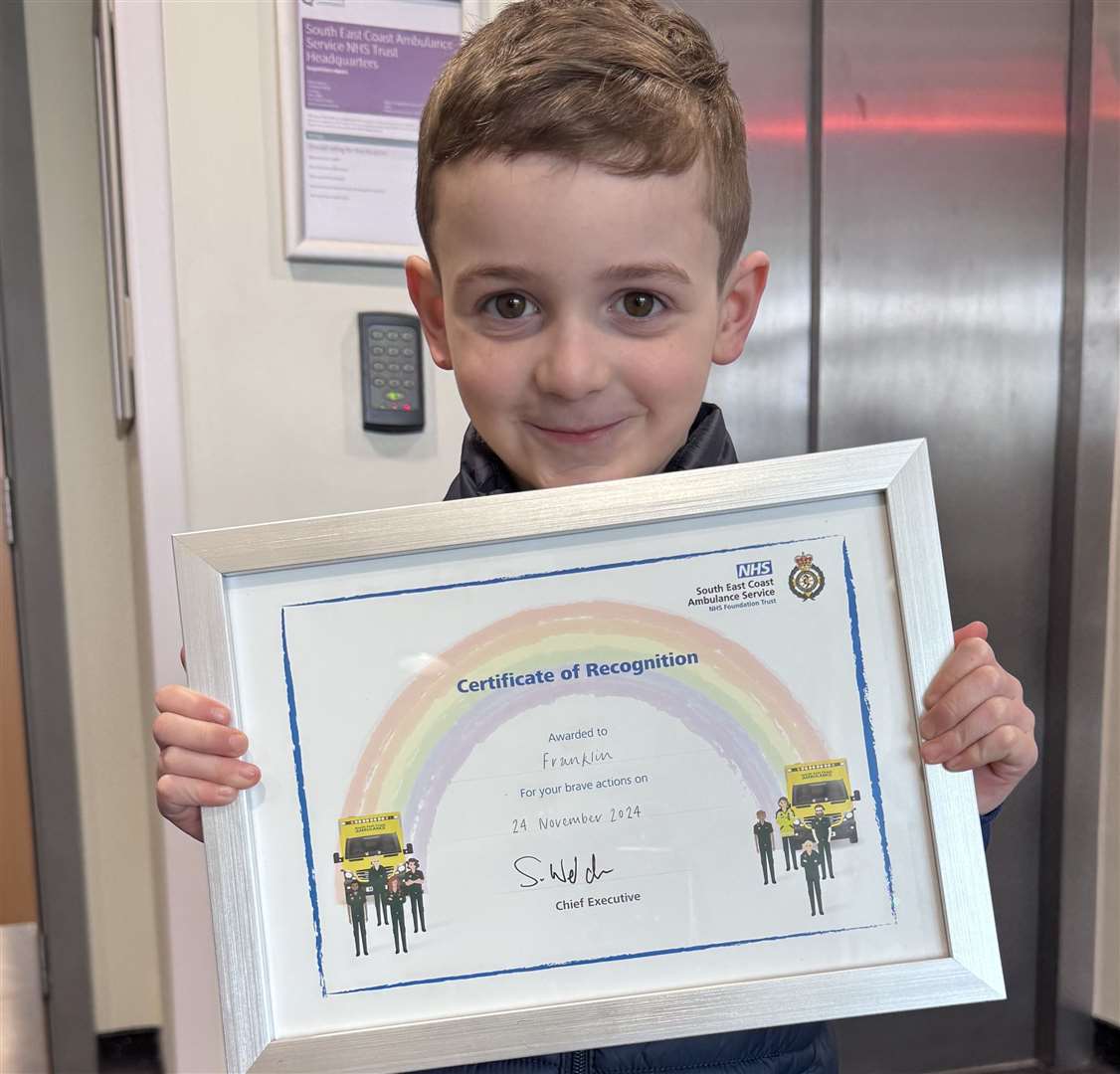 Seven-year-old Franklin from Maidstone saved his mum's life with his 999 call last year. Picture: SECAmb