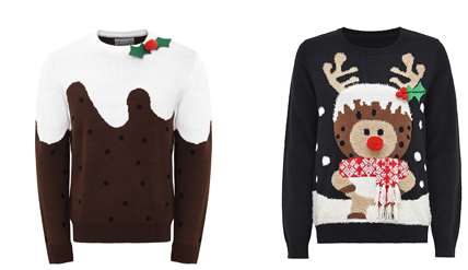 Debenhams has a super range of seasonal tops available like a Christmas pudding jumper for him and this fab Rudolph jumper by Red Herring for her that costs £25.
