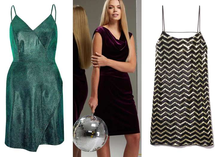 Green Metallic Wrap Slip Dress from River Island; Roman Originals Cowl Neck Velvet Dress from kaleidoscope.co.uk; Vero Moda VM Linn Short Sleeved Sequin Mini Dress from House of Fraser