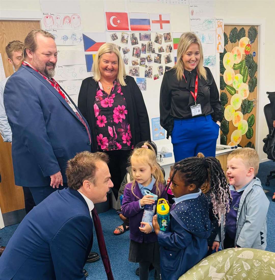 Chatham and Aylesford MP Tristan Osborn chats to little ones with (from left) Cllr Vince Maple, leader of Medway Council , Tina Lovey, trust chief executive and Kerri Edge, trust deputy chief executive