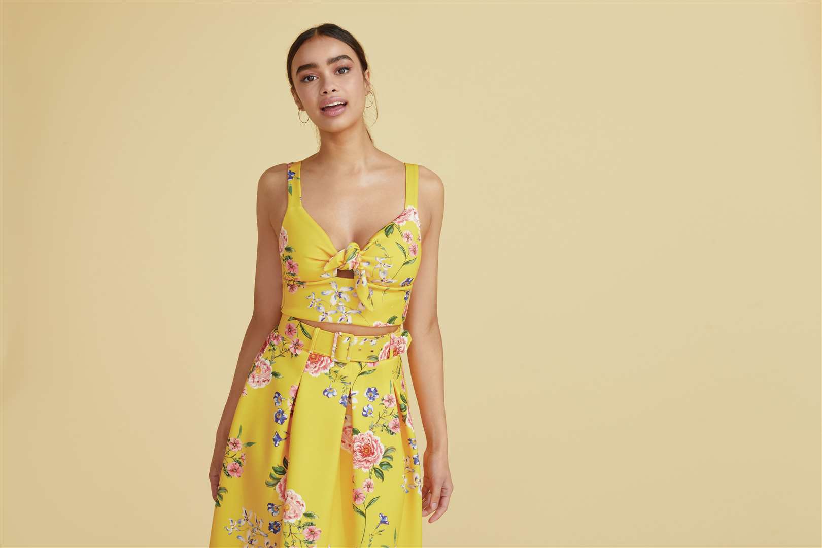 Yellow Scuba Floral Tie Crop, £25 and Yellow Scuba Floral Skirt, £39. Both from Miss Selfridge